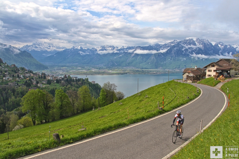 Climbing to Les Avants with Lake Geneva and the Rhone Valley in the background