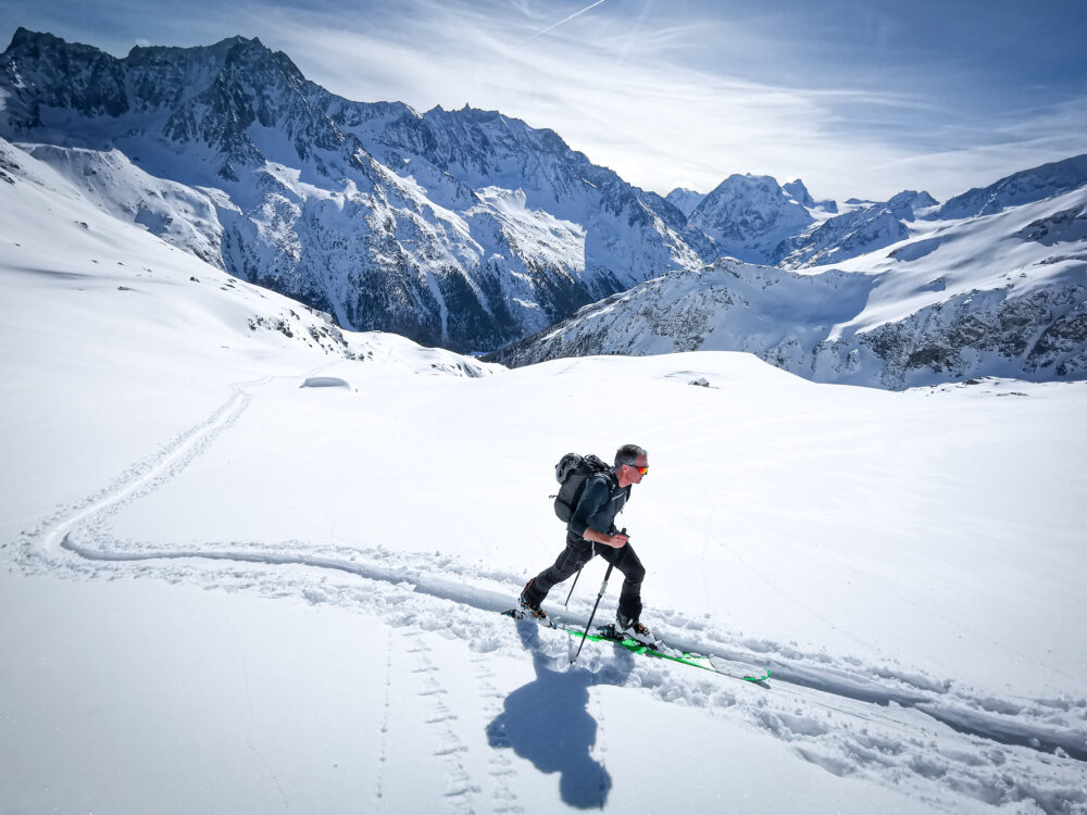 Ski touring above Arolla in Val d'Hérens, Valais, Switzerland