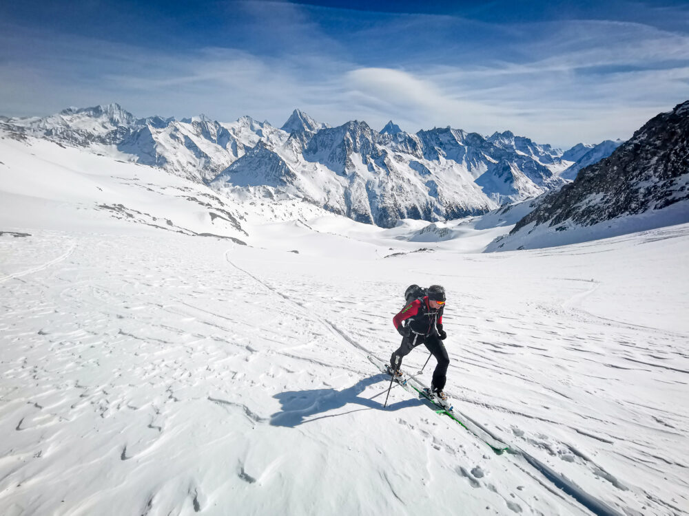 Ski touring above Arolla in Val d'Hérens, Valais, Switzerland